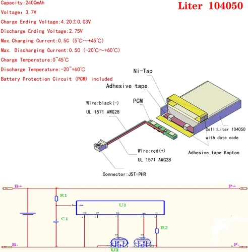 Miniatura 3 de Liter 3.7V 2400mAh 104050 Lipo Batería recargable de iones de polímero de litio con conector JST 0.079 in
