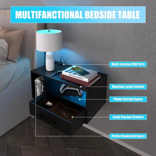 Miniatura 6 de Mesita de noche flotante con estación de carga y tiras de luz LED, mesita de noche de 21.3 pulgadas con cajones, mesita de noche flotante