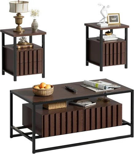 Miniatura 9 de UEV Juego de 3 mesas auxiliares, juego de mesa de sala de estar, mesa auxiliar de mediados de siglo, juego de 2 mesas auxiliares con 2 cajones