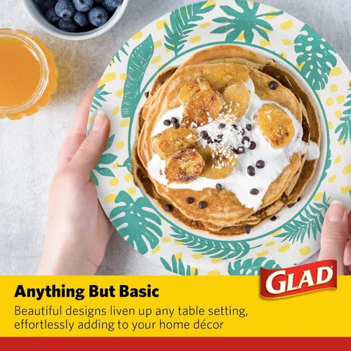 Miniatura 4 de Glad Platos redondos de papel desechables, patrón de hojas de palma, a prueba de remojo, resistentes a cortes, aptos para microondas para comidas