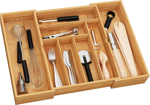Miniatura 11 de BAMEOS Organizadores de cajones de bambú para cubiertos, organizador de cajones de utensilios de 11.9 pulgadas para cajones de cocina, organizador