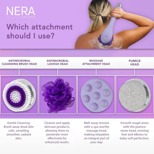 Miniatura 4 de Spa Sciences - NERA - Cepillo corporal 4 en 1 para ducha/baño para exfoliación, limpieza profunda, cuidado de pies, infusor de loción y masaje
