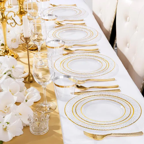 Miniatura 9 de Nervure 150 piezas de platos de plástico transparente con cubiertos martillados dorados que incluyen 25 platos de cena, 25 platos de postre, 25
