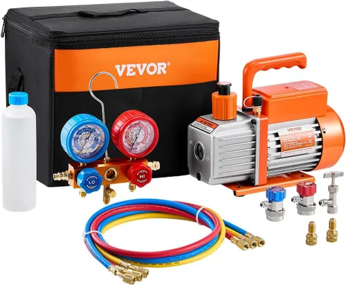 VEVOR Juego de bomba de vacío y medidor de CA de 3.5 CFM, bomba de vacío de aire HVAC de paleta rotativa de una etapa, kit de manómetro refrigerante