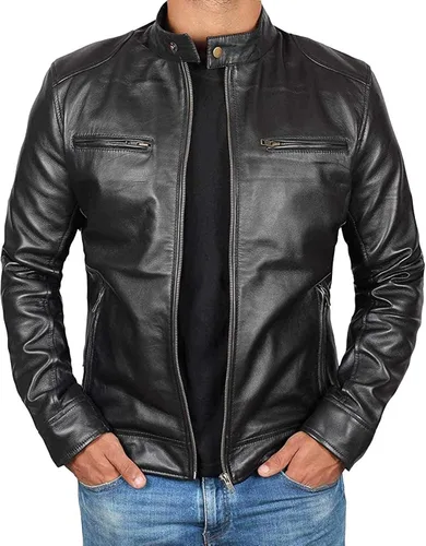 fjackets Chaqueta de cuero para hombre, estilo vintage, de piel de cordero real, para hombre
