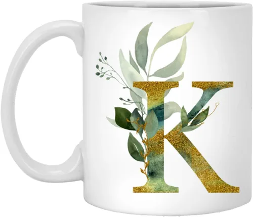Alpha/K - Taza de café con letra K gráfica, monograma de letra K, dorada, brillante, cualquier letra, alfabeto floral, té, café, taza de chocolate