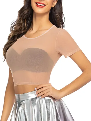 Miniatura 4 de Avidlove Camiseta corta de malla para mujer manga corta ajustada transparente cuello redondo ropa de club Blanco