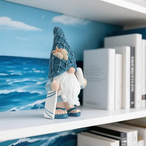 Miniatura 4 de Etlemonde Estatuas de gnomos de playa, gnomos del océano, decoración de temas náuticos, playa, gnomo sosteniendo una tabla de surf