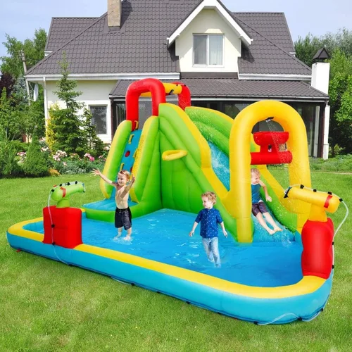 Miniatura 2 de OLAKIDS Tobogán acuático inflable, casa de rebote 7 en 1 con 2 toboganes, pared de escalada, piscina de salpicaduras, borde de baloncesto, 2