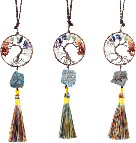 Miniatura 6 de rockcloud Adorno colgante de árbol de la vida de 7 chakras con borla de piedra cruda irregular para pared, coche, hogar, boda, boda, apatita azul