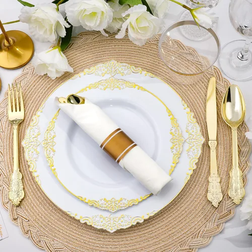 Miniatura 6 de Realluck 350 piezas platos de plástico blanco y dorado, juego de vajilla de plástico para 50 invitados, 100 platos desechables, 150 cubiertos, 50