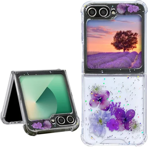 Miniatura 30 de Abbery Funda transparente para Samsung Galaxy Z Flip 3 5G, transparente y con diseño de purpurina bonita con purpurina floral prensada de Rosa