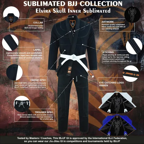 Miniatura 3 de Elvira Skull Interior Sublimado Pro Brazilian Jiu Jitsu BJJ Kimono Gi Uniforme Unisex Cinturón incluido