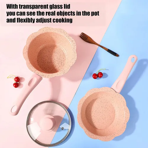 Miniatura 4 de Alvinlite Sartén antiadherente, mini sartén rosa para leche para bebés, juego de utensilios de cocina multifunción con tapa transparente para cocina