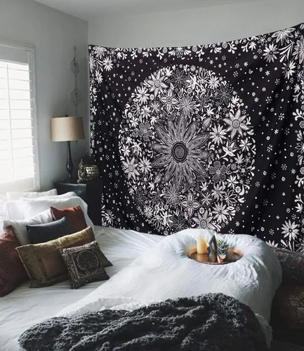 Miniatura 3 de Neasow Tapiz bohemio para colgar en la pared, tapiz floral blanco y negro con estampado de medallones de margaritas punteadas, para dormitorio