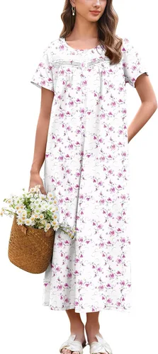 Miniatura 17 de Ekouaer Camisón para Mujeres de Algodón Camisón Largo de Noche Camisón de Manga Corta con Bolsillos Camisón con Botones Ropa de Dormir Suave