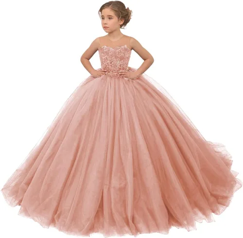 Miniatura 23 de Precioso vestido de niña de flores de tul para niños de boda con cuentas princesa sin mangas vestidos de baile