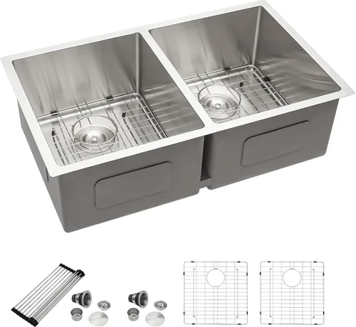 Miniatura 12 de Dcolora DC-U7730 - Fregadero de cocina de 33 pulgadas con doble tazón dividido 60/40 de calibre 16 de acero inoxidable 304, esquinas redondeadas