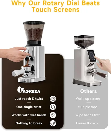 Miniatura 3 de IAGREEA Molinillo de café con rebabas cónicas, 48 ajustes de molienda, antiestático de baja velocidad de 450 RPM, temporizador de precisión, soporte