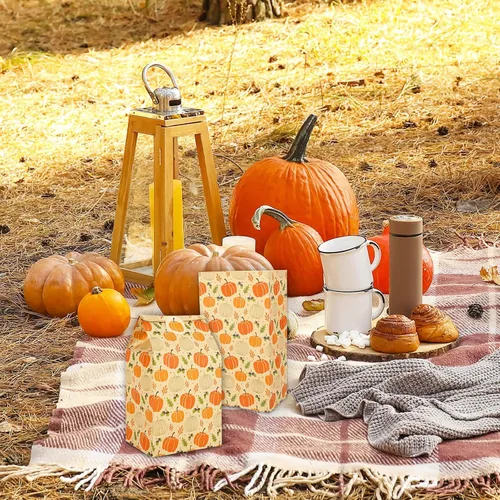 Miniatura 7 de Whaline 36 bolsas de regalo de fiesta de otoño, hojas de calabaza, bolsas de regalo de papel kraft con etiquetas, calcomanías de agradecimiento