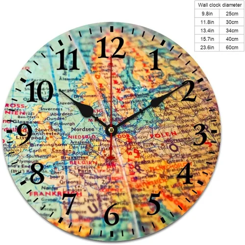 Miniatura 2 de Reloj de pared de madera con mapa del mundo antiguo, estilo nostálgico, Atlas histórico, diseño vintage, impresión de madera, reloj de pared