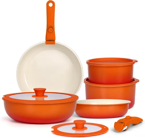 GIPP Juego de 11 ollas y sartenes antiadherentes, juego de utensilios de cocina antiadherentes, mango desmontable, ollas de cerámica para cocinar
