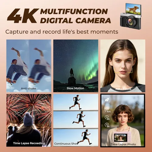 Miniatura 5 de Cámara digital 4K, cámaras de 64MP para fotografía con zoom digital de 16X, cámara de vlogging con enfoque automático para YouTube, cámara compacta