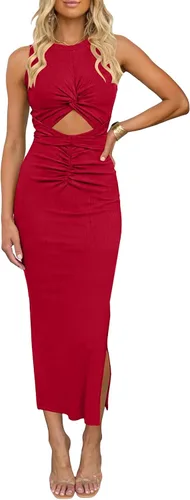 Miniatura 7 de oten Vestido largo sexy para mujer, fruncido, sin mangas, con nudo y abertura, acanalado, para fiesta, club, salida nocturna
