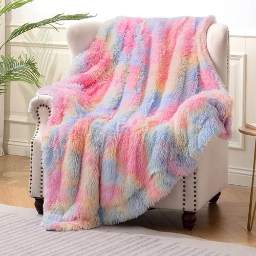Miniatura 25 de Exclusivo Mezcla Manta de Cama Mullida de Piel Sintética Tamaño King, Mantas Reversibles Shaggy de Vellón Sherpa Teñido Tie Dye, Mantas Mullidas