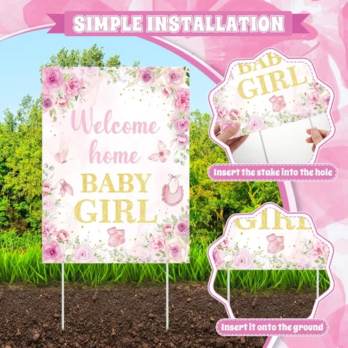 Miniatura 4 de 2 letreros decorativos de bienvenida a casa para bebé, niña, rosa, floral, para baby shower, patio, con estacas "It's a Girl", letrero para anuncio