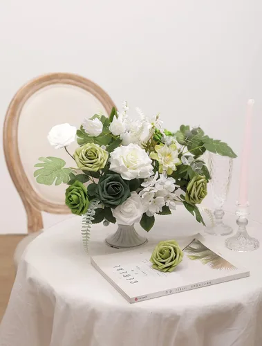 Miniatura 6 de YYHUAWU Caja Combo de Flores Artificiales Color Verde Bosque Rosas Falsas de Espuma con Tallos para Ramos de Boda DIY Centros de Mesa Baby Shower