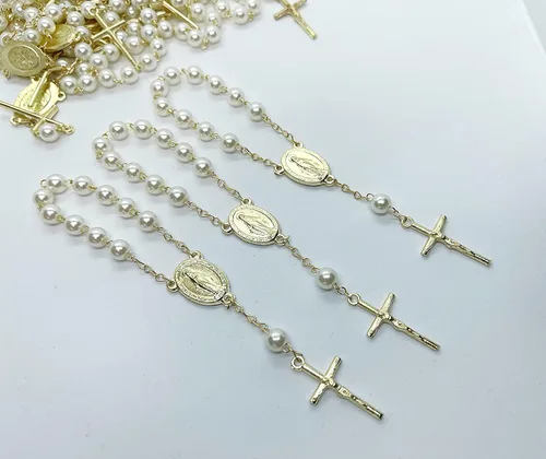 25 Off White Color Gold Plated Mini Rosary with Miraculous medal for Baptism Favors/Christening/communion Favors/Mini rosarios con Medalla Milagrosa