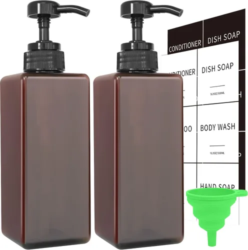 Dispensador de jabón ámbar con etiquetas impermeables, dispensador de jabón de manos de plástico grueso para baño, botellas de líquido para lavar