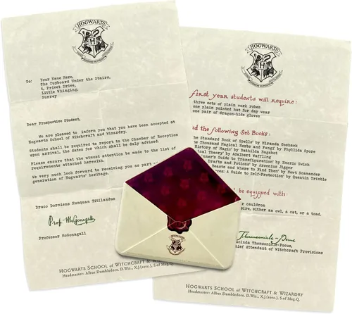 Harry Potter – Carta de aceptación personalizada de Hogwarts – Imán de sobre de resina funcional de 3.5" x 3.5" con carta de 5" x 8" del Profesor