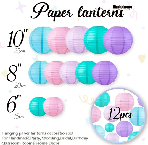 Miniatura 3 de Juego de linternas de papel pastel (12 piezas) – 6/8/10 pulgadas, color rosa, morado, lavanda y azul, linternas de papel redondas colgantes