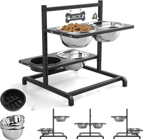 Miniatura 16 de SHAINFUN Soporte elevado para cuenco de perro rosa con dos cuencos de comida de acero inoxidable de 1700ml, comedero de alimentación lenta y Rosa