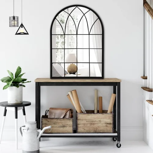 Miniatura 5 de Espejo de pared de ventana arqueada, espejos de marco de metal de 35 pulgadas con patrón de rejilla, acabado antiguo negro, espejo decorativo