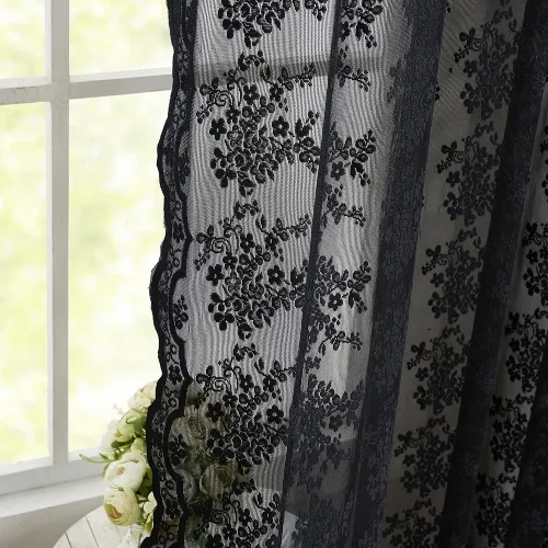 Miniatura 4 de YJ YANJUN Cortinas negras para dormitorio de 90 pulgadas de largo, 2 paneles de cortinas traslúcidas victorianas florales de Halloween para sala