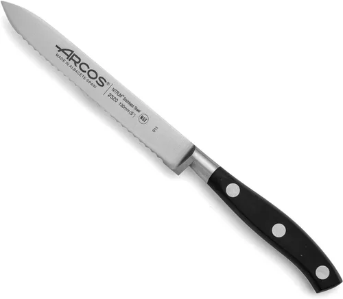 Miniatura 26 de Arcos Cuchillo forjado dentado de acero inoxidable de nitrum de 5 pulgadas y hoja de 5.118 in. Mango ergonómico POM de polioximetileno. Serie Blanco