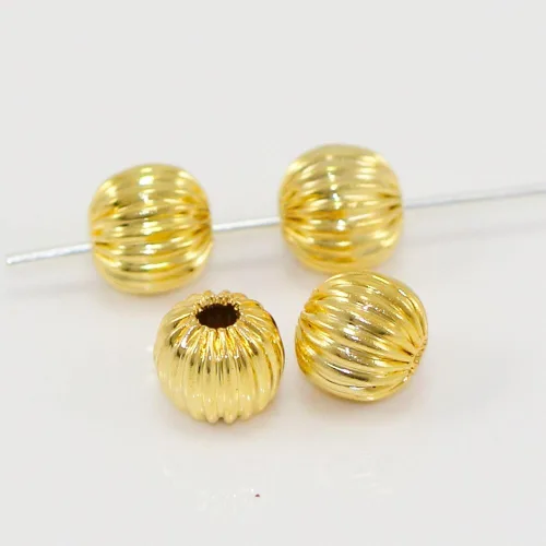 Miniatura 2 de 500 piezas de espaciador de melón corrugado de 0.157 in pequeñas cuentas sueltas de metal redondo de latón chapado en oro de 14 quilates
