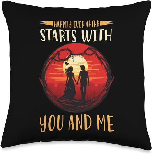 Love Romance Happily Ever After Starts with You and Me Valentine’s Day Throw Pillow, 16x16, Multicolor