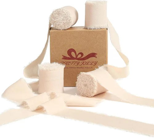 Miniatura 14 de Pretty Jolly Cinta de gasa beige para envolver regalos, 3 rollos de 2 pulgadas x 7 yardas, cinta de tela de seda hecha a mano con flecos para ramo