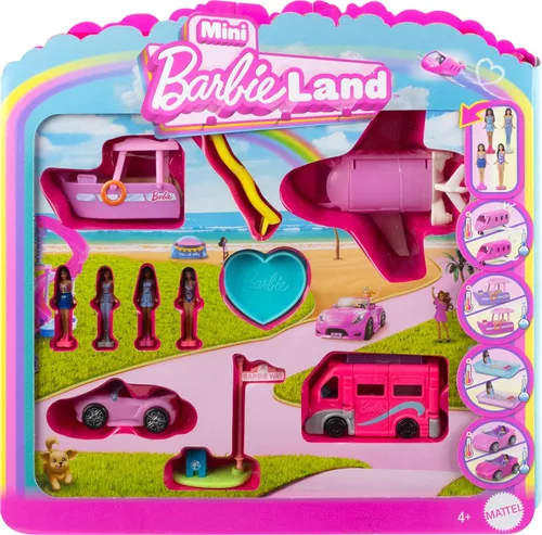 Miniatura 5 de Barbie Mini BarbieLand - Set de muñecas y vehículos de juguete de 4 piezas con 4 muñecas de 1.5 pulgadas y 4 vehículos de juguete icónicos