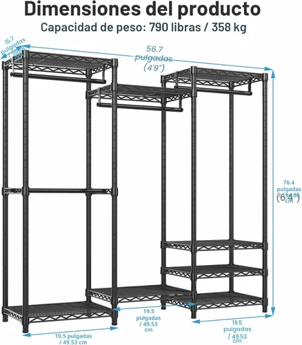 Miniatura 5 de VIPEK V5 Armario Portátil Mediano Perchero de Ropa Resistente, Perchero de Ropa de Metal Independiente con 4 Barras para Colgar y 8 Estantes