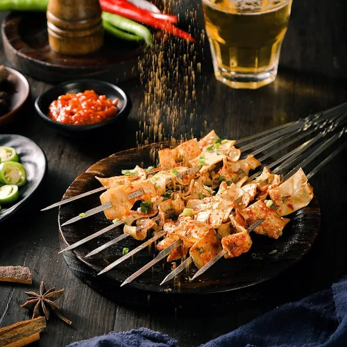 Miniatura 5 de Brochetas de metal para parrilla, paquete de 50 brochetas de 14.8 pulgadas, brochetas planas para barbacoa, juego de brochetas reutilizables