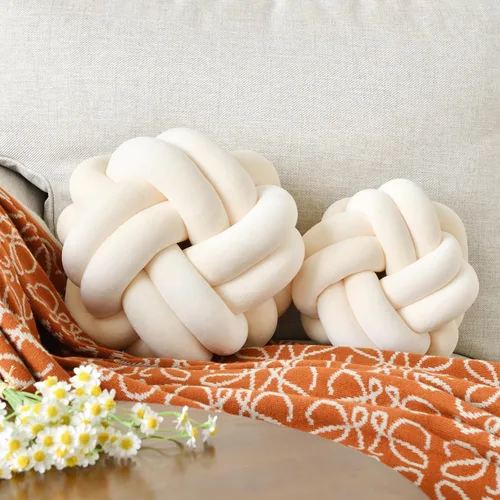 Miniatura 2 de Almohada de nudo de bola, cojín decorativo redondo para arrojar, almohada de felpa suave beige anudada de 8 pulgadas, cojín decorativo de nudo