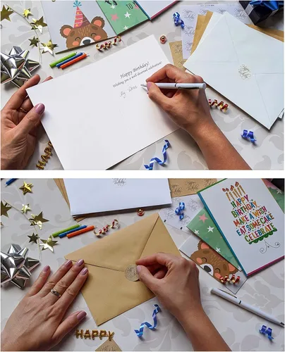 Miniatura 6 de Surtido de 50 tarjetas de feliz cumpleaños únicas grandes de 5 x 7 pulgadas con 25 sobres blancos y 25 marrones, calcomanías y felicitación genérica