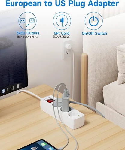 Miniatura 2 de Adaptador de enchufe de Europa a EE. UU., Adaptador de la UE a EE. UU., 3 salidas de CA para dispositivos electrónicos europeos, viajes de Francia