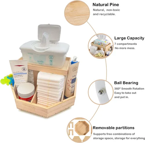 Miniatura 2 de Organizador de pañales de madera, organizador giratorio de 360 grados con divisores extraíbles, organizador de pañales para guardería