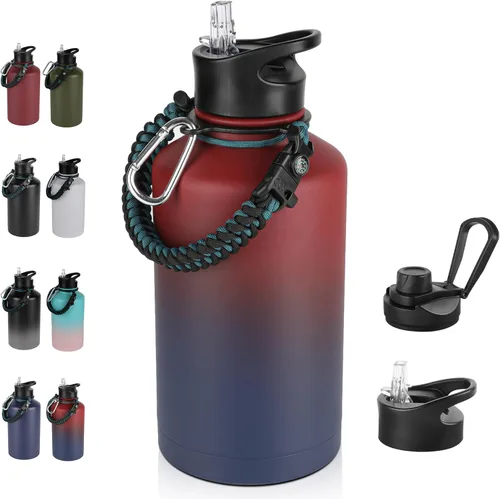 Miniatura 12 de Botella de agua aislada de 64 onzas con tapas de pajita y boquilla, jarra de agua de acero inoxidable de medio galón con mango de paracord, vacío